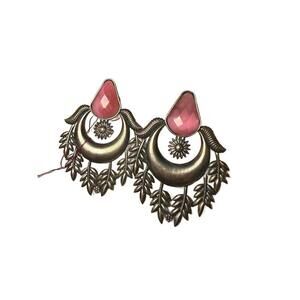 Oxidized Silver Tone and Pink Stone Earrings